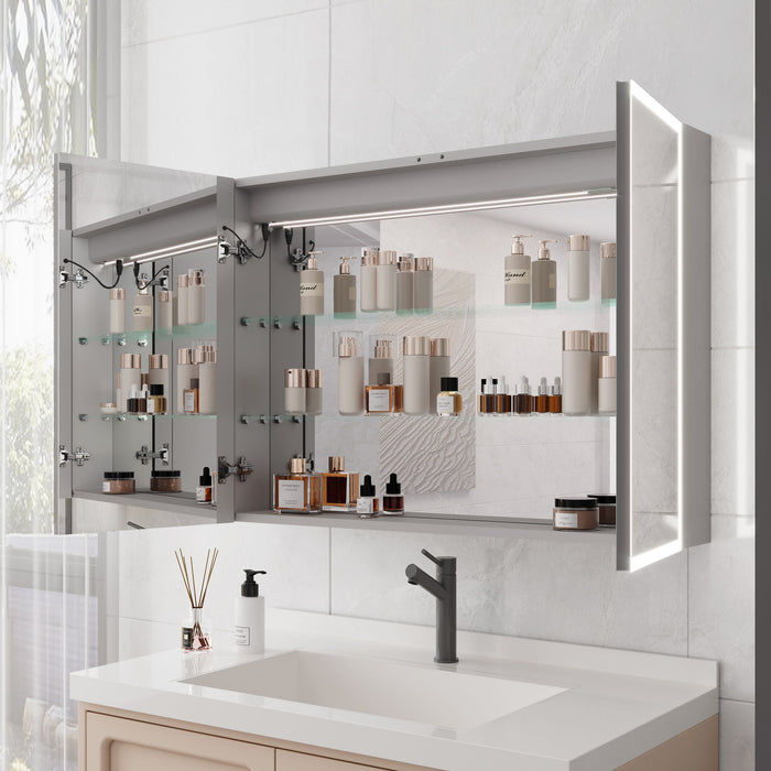 Giga bathroom medicine cabinet with LED mirror, built-in lights, and defogger, featuring a sleek, modern design with reflective surface