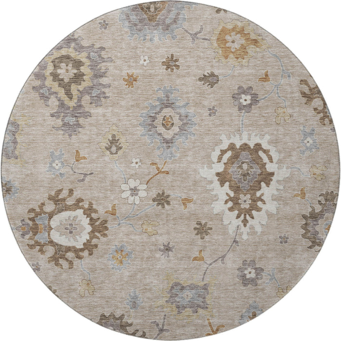 8' Floral Medallion Washable Round Rug With UV Protection - Taupe