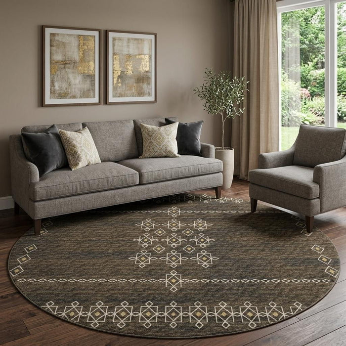 8' Tribal Washable Round Rug With UV Protection (644817) - Brown / Ivory / Gold
