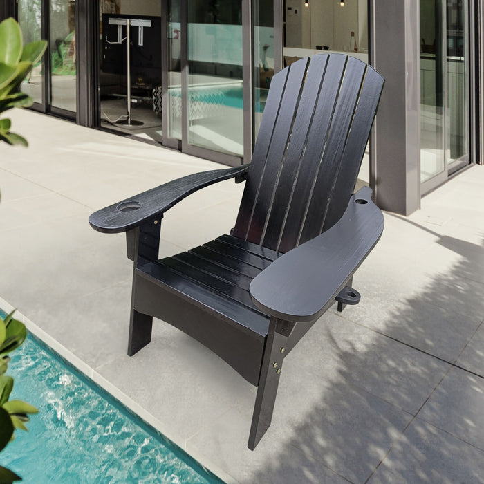 Giga outdoor wood Adirondack armchair with built-in umbrella hole on the arm, ideal for outdoor or indoor relaxing spaces.