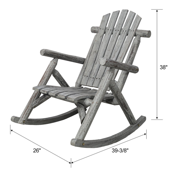 Giga durable wooden porch rocker chair made of fir logs with a classic rustic design and curved armrests.