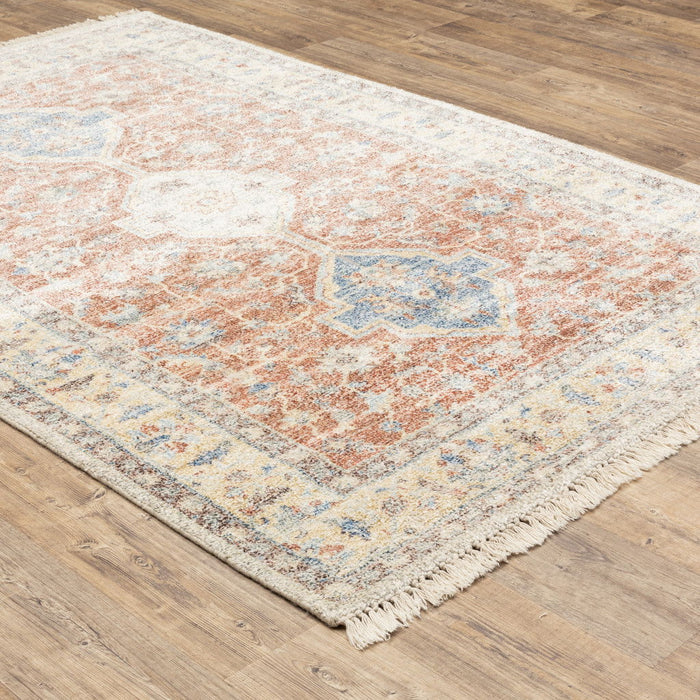 8' x 10' Oriental Hand Loomed Stain Resistant Area Rug With Fringe - Orange And Blue