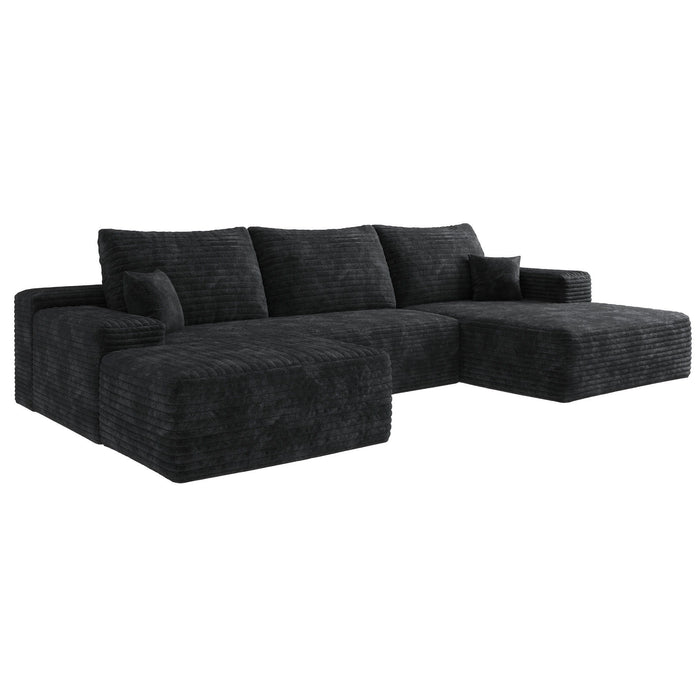 2 Piece Living Room Set Corduroy Modular Compression Foam Sofa With Ottoman Toss Pillows - Black