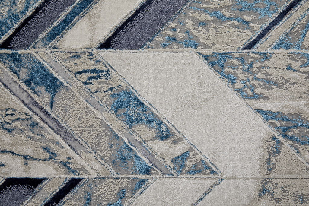 10' x 13' Chevron Power Loom Distressed Area Rug - Ivory Blue And Gray