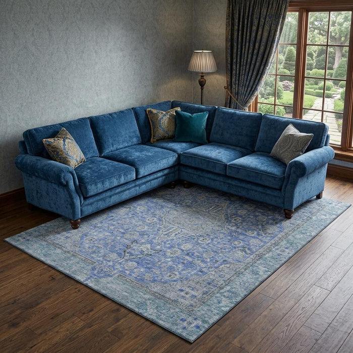 10' X 14' Floral Medallion Washable Area Rug With UV Protection (696104) - Blue / Gray