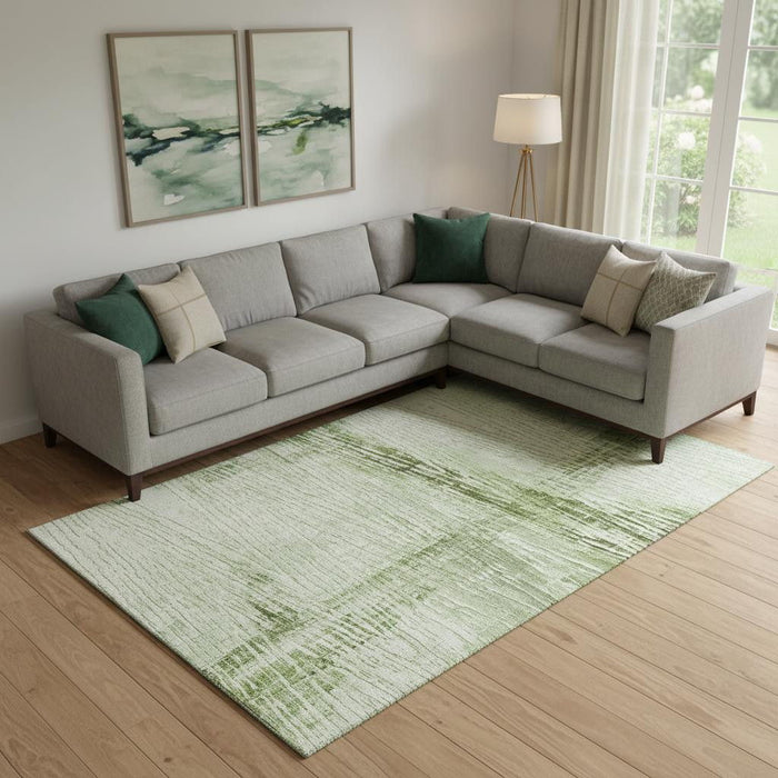 10' X 14' Striped Washable Area Rug With UV Protection (710016) - Artichoke Green / Ivory
