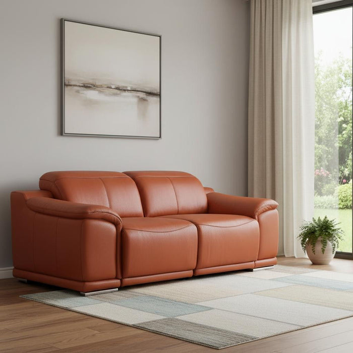 Italian Leather Power Reclining Loveseat - Orange / Silver
