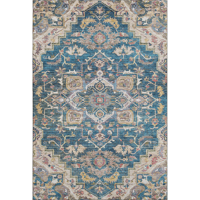 10' X 14' Floral Medallion Washable Area Rug With UV Protection - Blue