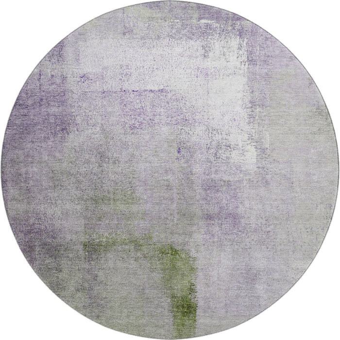 8' Abstract Washable Round Rug With UV Protection - Purple And Green