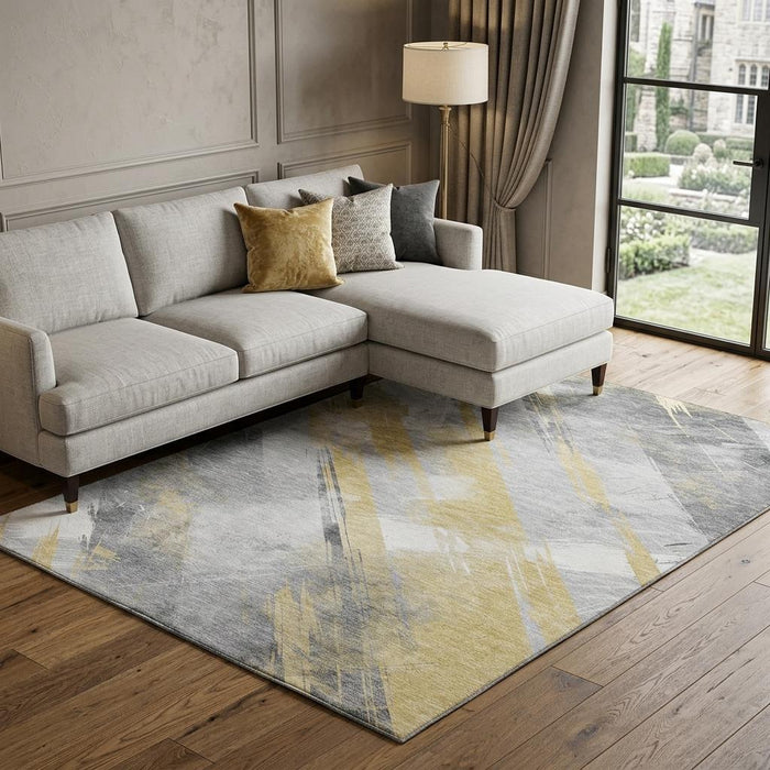 10' X 14' Striped Washable Area Rug With UV Protection (694278) - Gold / Gray / Ivory
