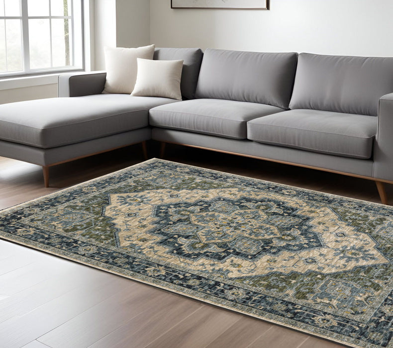 8' x 11' Oriental Power Loom Polyester Area Rug With Fringe - Blue And Beige