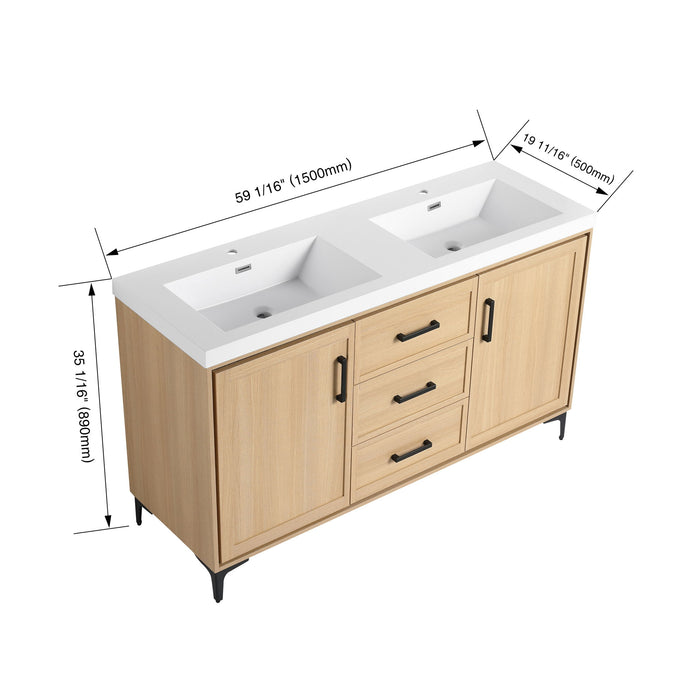 Giga 60-inch freestanding oak bathroom vanity with double resin sinks, soft-closing doors, and drawers, showcasing its plywood construction.