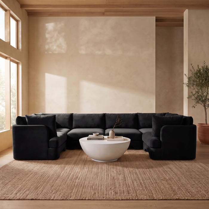 Meridian Furniture Hammond velvet upholstered 6-piece U-shaped sectional with plush cushions and modern design.