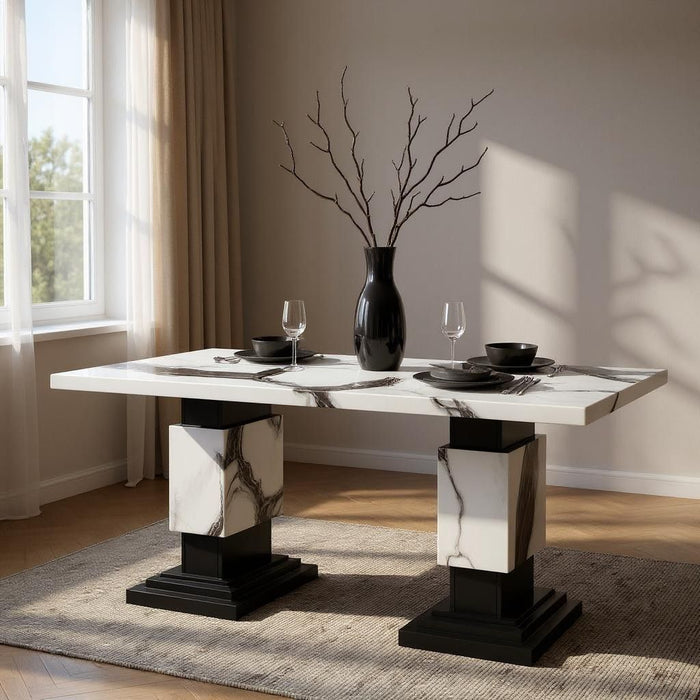 82" Faux Marble And Wood Double Pedestal Base Dining Table - Black