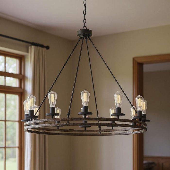 37'' Candle Style Twelve Light Metal Dimmable Chandelier - Brown / Black