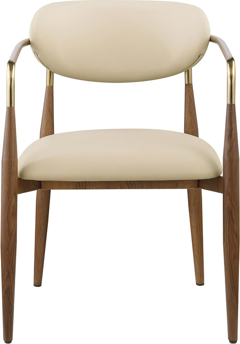 Vegan leather upholstered dining arm chair with walnut wood legs, modern design, by Meridian Furniture.