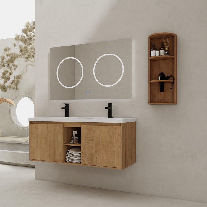 Giga 48-inch wall-mounted bathroom vanity with double resin sinks, storage rack, soft-close doors, oak finish, plywood construction