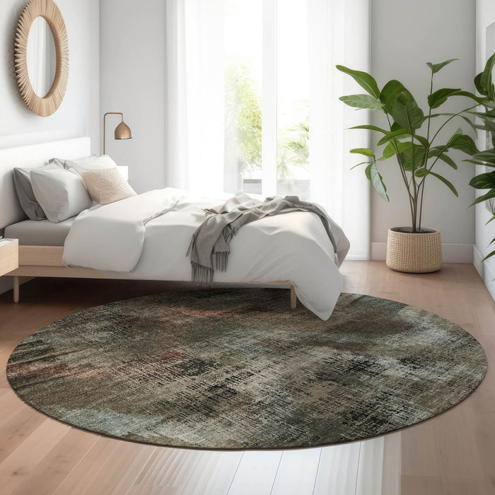 8' Abstract Washable Round Rug With UV Protection - Brown And Gray