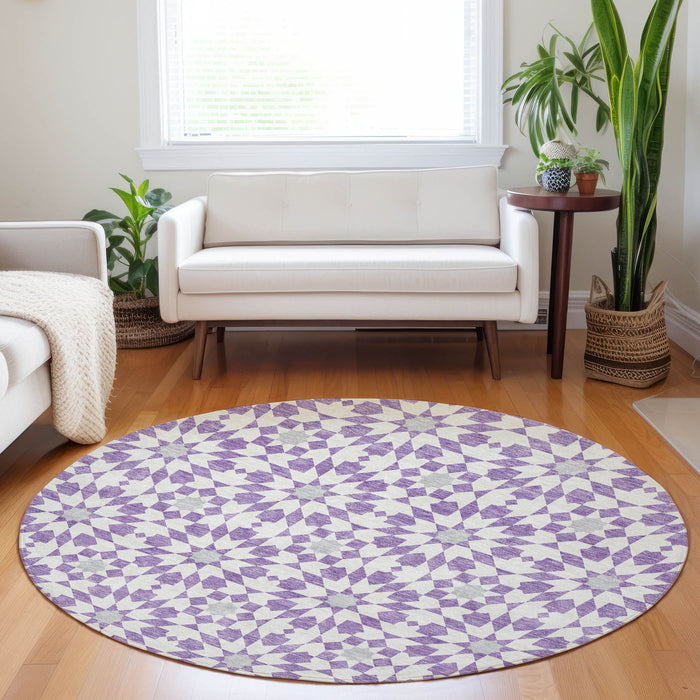 8' Geometric Washable Round Rug With UV Protection - Lavender And Ivory