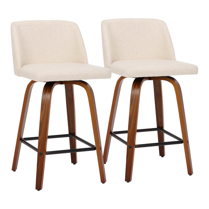 Toriano - Fixed - Height Counter Stool - Walnut Wood With Square Black Footrest And Cream Noise Fabric (Set of 2)