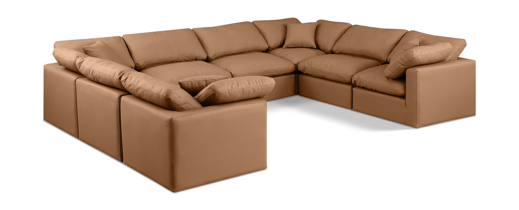 Meridian Furniture Indulge faux leather 8-piece modular sectional sofa with modern design and plush seating in a neutral color.