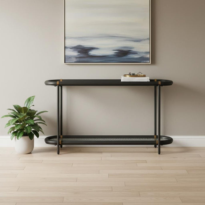 Glass Solid Wood Oval Console Table With Shelf - Clear / Black