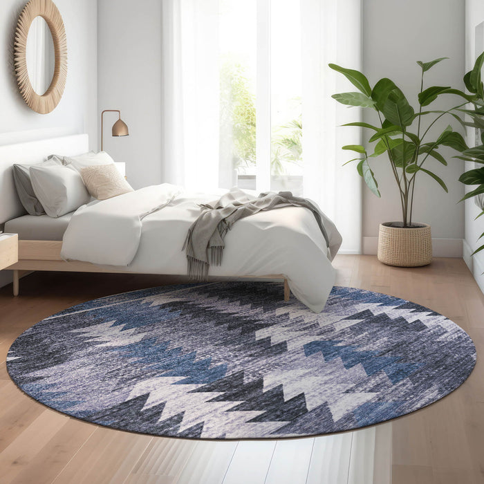 8' Southwestern Washable Round Rug With UV Protection - Blue / Ivory