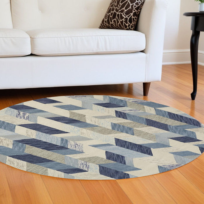 8' Round Wool Geometric Tufted Handmade Area Rug - Blue Ivory And Gray