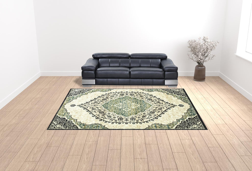 10' x 13' Oriental Power Loom Stain Resistant Area Rug - Ivory Navy And Green