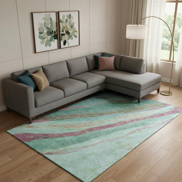 10' X 14' Abstract Washable Area Rug With UV Protection (715525) - Green / Blush