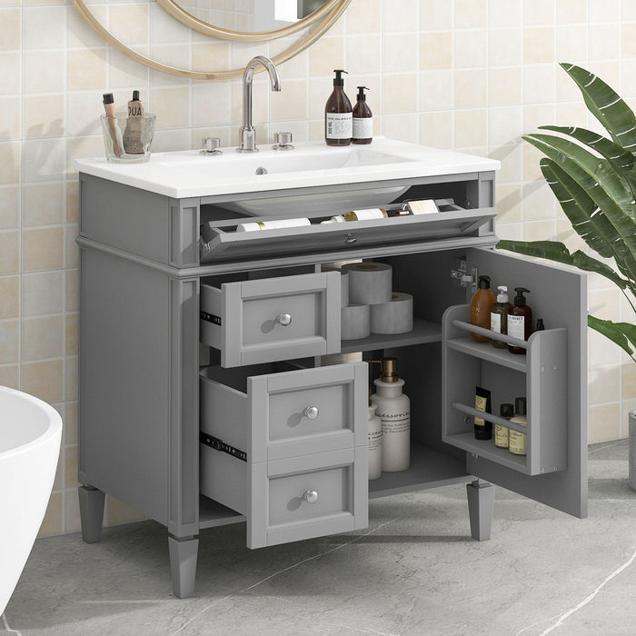 Giga bathroom vanity with top sink, storage cabinet, two drawers, and tip-out drawer, modern white bathroom furniture.