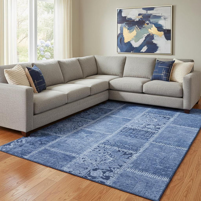 10' X 14' Patchwork Washable Area Rug With UV Protection (653254) - Navy Blue / Ivory
