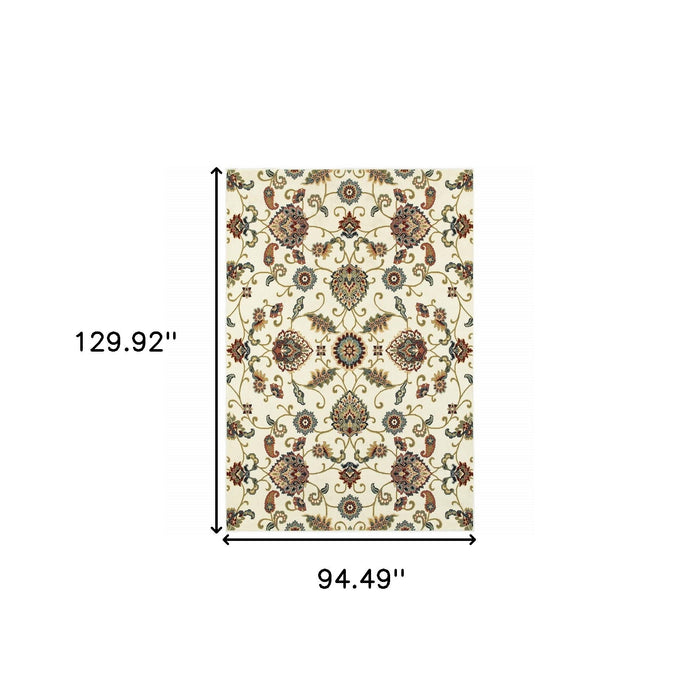 8' x 11' Floral Power Loom Stain Resistant Area Rug - Ivory Green Blue Red Salmon And Yellow