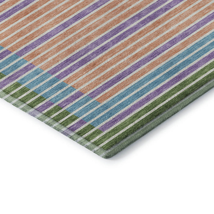 10' X 14' Striped Washable Area Rug With UV Protection (693480) - Lime Green / Peach / Teal / Purple