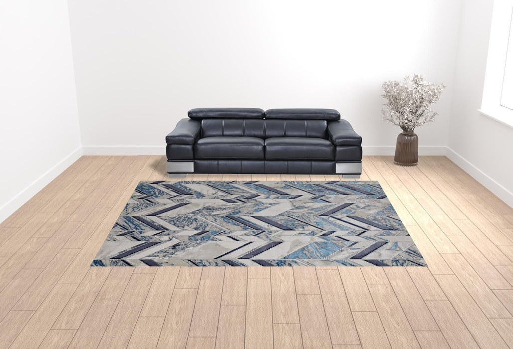 10' x 13' Chevron Power Loom Distressed Area Rug - Ivory Blue And Gray