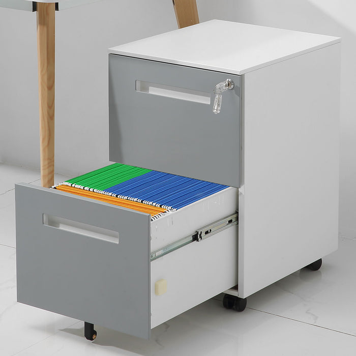 Gray Giga 3-drawer mobile locking filing cabinet with five wheels, suitable for letter and A4 size documents.