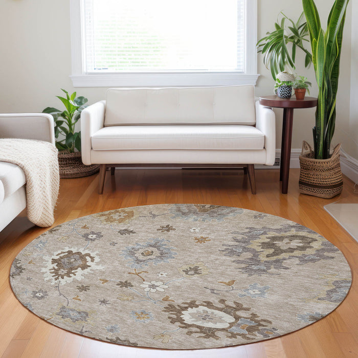 8' Floral Medallion Washable Round Rug With UV Protection - Taupe
