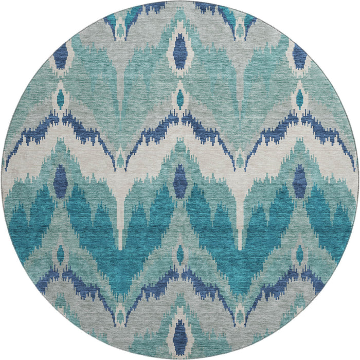 8' Ikat Washable Round Rug With UV Protection - Teal And Ivory
