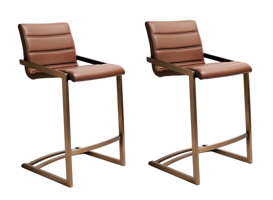 Faux Leather Low Back Counter Height Bar Chairs (Set of 2) - Brown / Rose / Gold