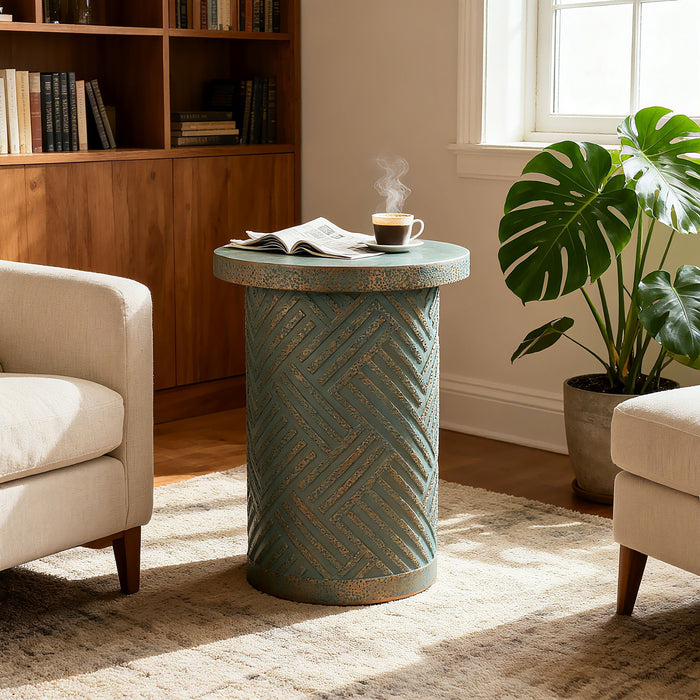 Giga round outdoor end table with tree stump design in golden, green, and peacock colors for patio decor.