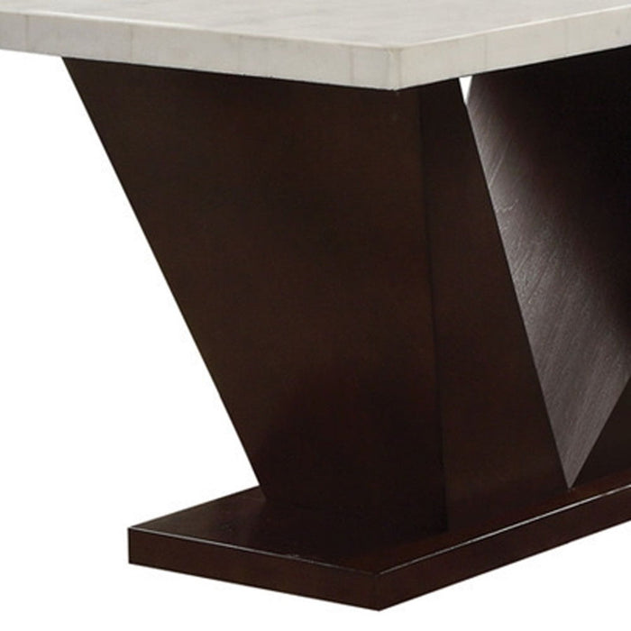 64" Marble And Solid Manufactured Wood Pedestal Base Dining Table - Brown / White