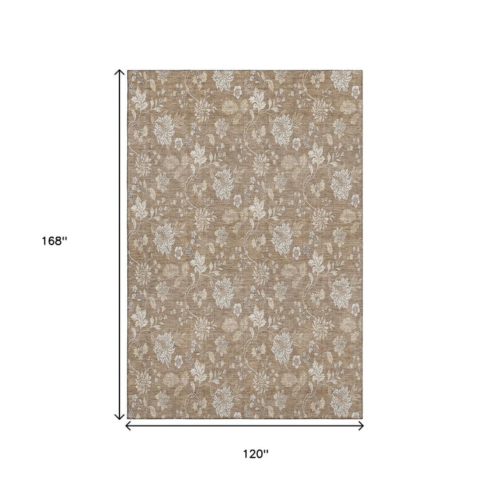 10' X 14' Floral Washable Area Rug With UV Protection (655980) - Copper / Beige