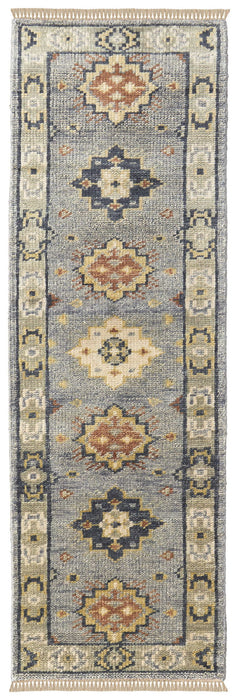14' Wool Geometric Hand Knotted Runner Rug With Fringe - Gray Blue And Taupe