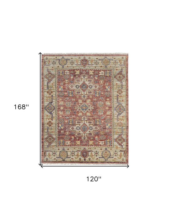 10' x 14' Wool Oriental Hand Knotted Area Rug With Fringe - Ivory Red And Gold