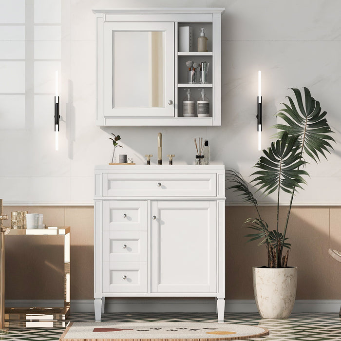 Giga bathroom vanity with medicine cabinet, modern design, two soft-closing doors, and four drawers for bathroom storage.