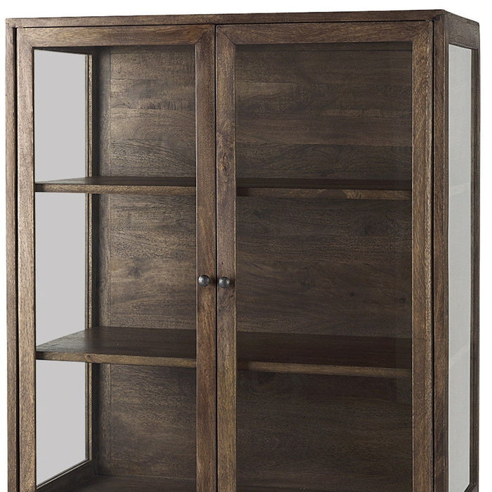 36" Solid Wood And Metal Display Cabinet With Two Doors - Brown