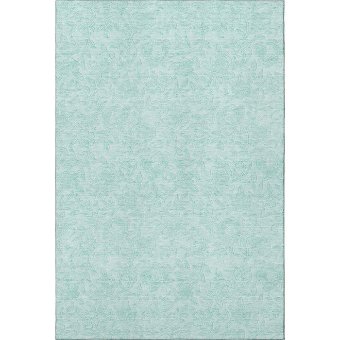 10' X 14' Floral Washable Area Rug Polyester With UV Protection - Teal And Ivory