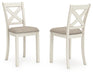 Set of two Robbinsdale upholstered barstools by Signature Design in antique white with cushioned seats and wooden legs.