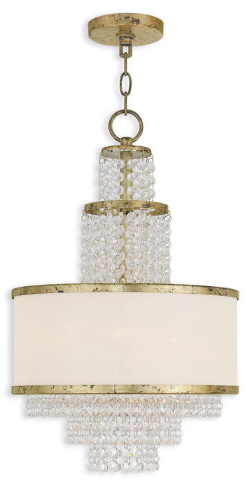 HomeRoots 22-inch gold metal chandelier with three clear and off-white shades, dimmable lighting for elegant interior decor.