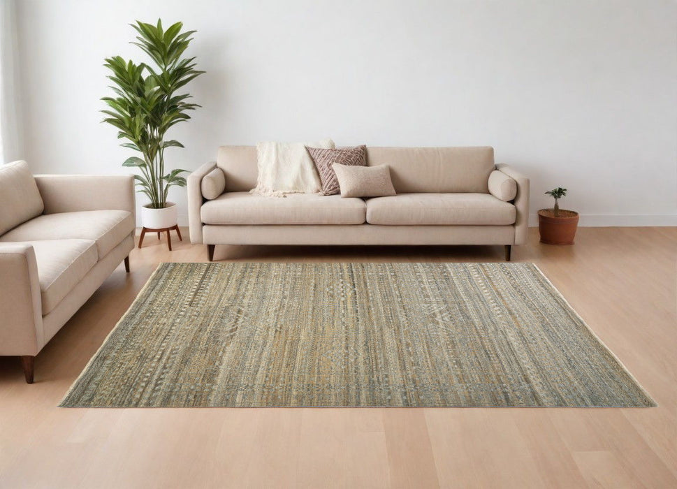 6' x 9' Geometric Hand Knotted Worn Faded Area Rug - Gold And Tan